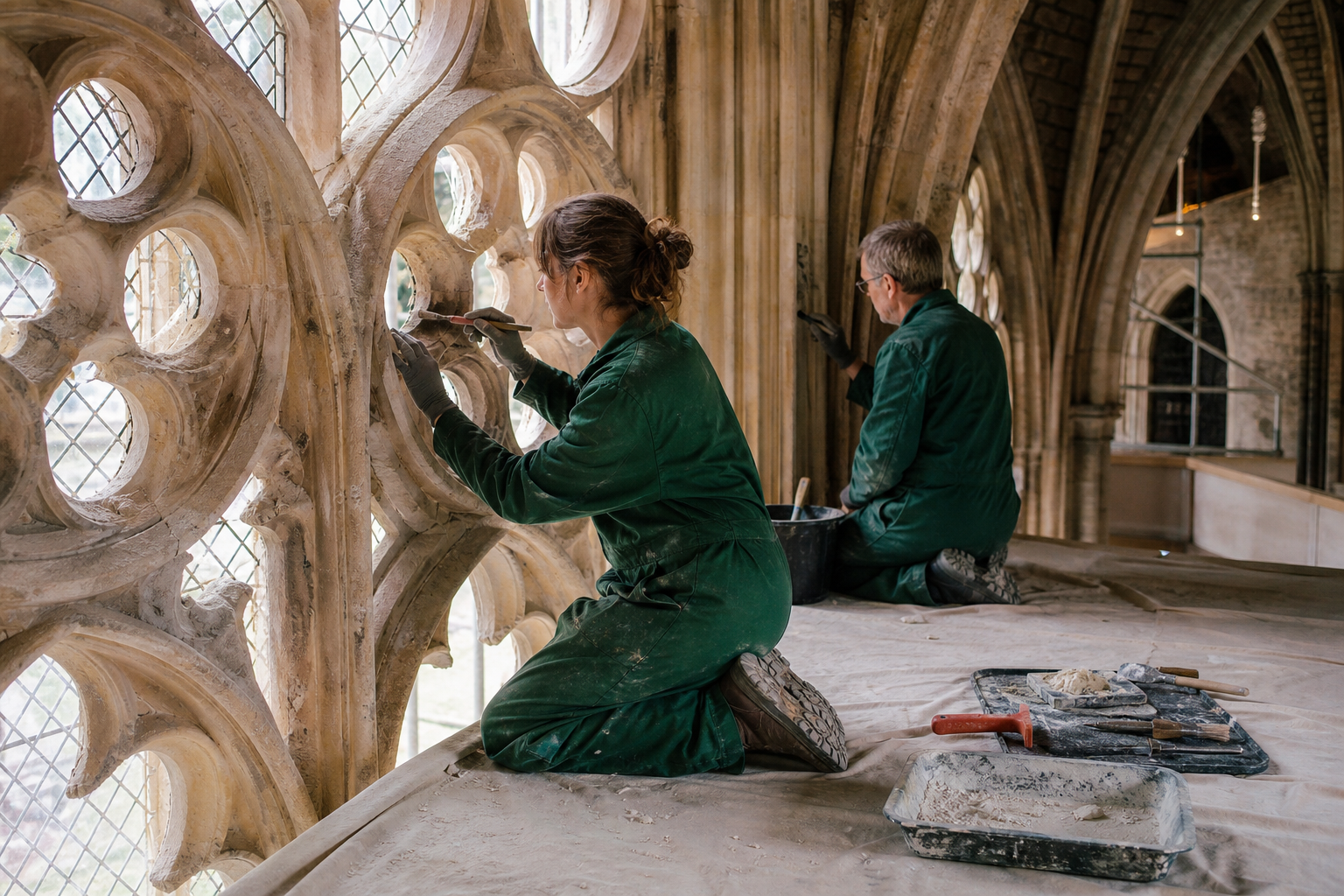Conservation craftspeople restoring historic stonework