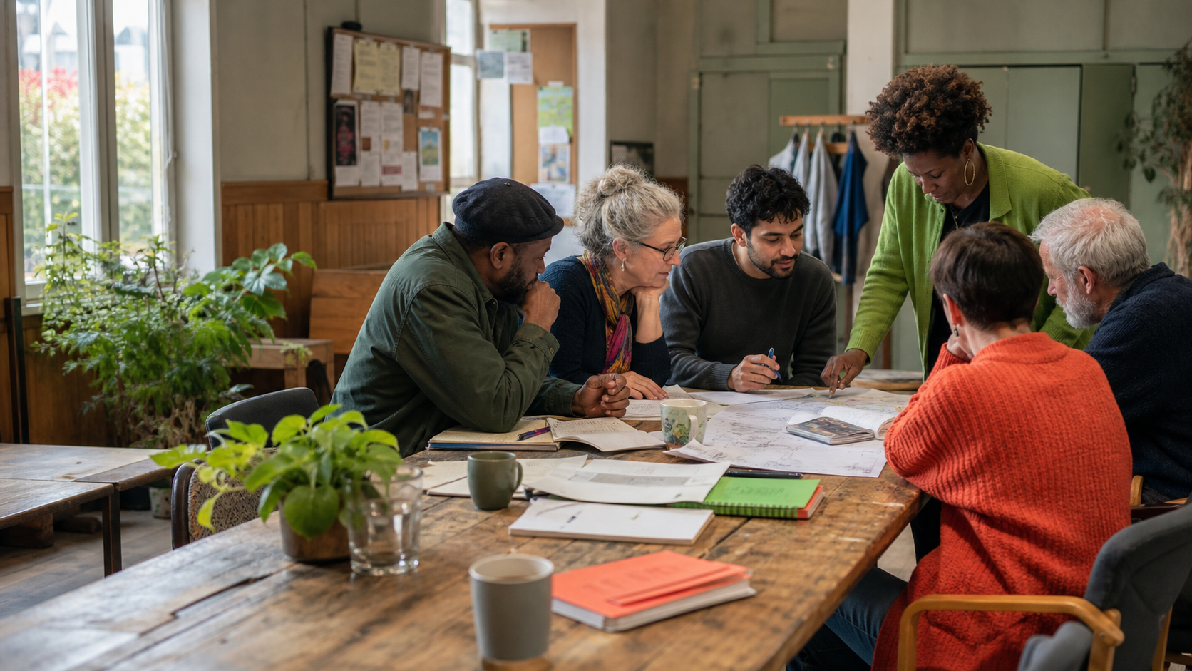 A diverse group of community organisers planning together around a large table