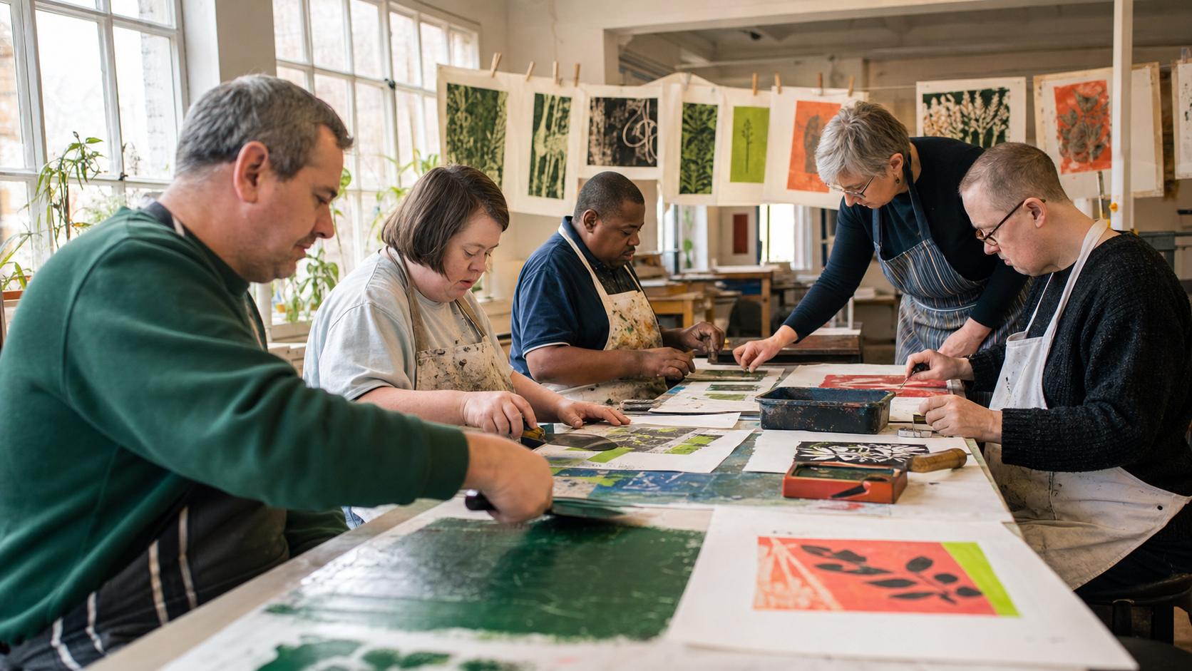 Adults taking part in an inclusive printmaking workshop