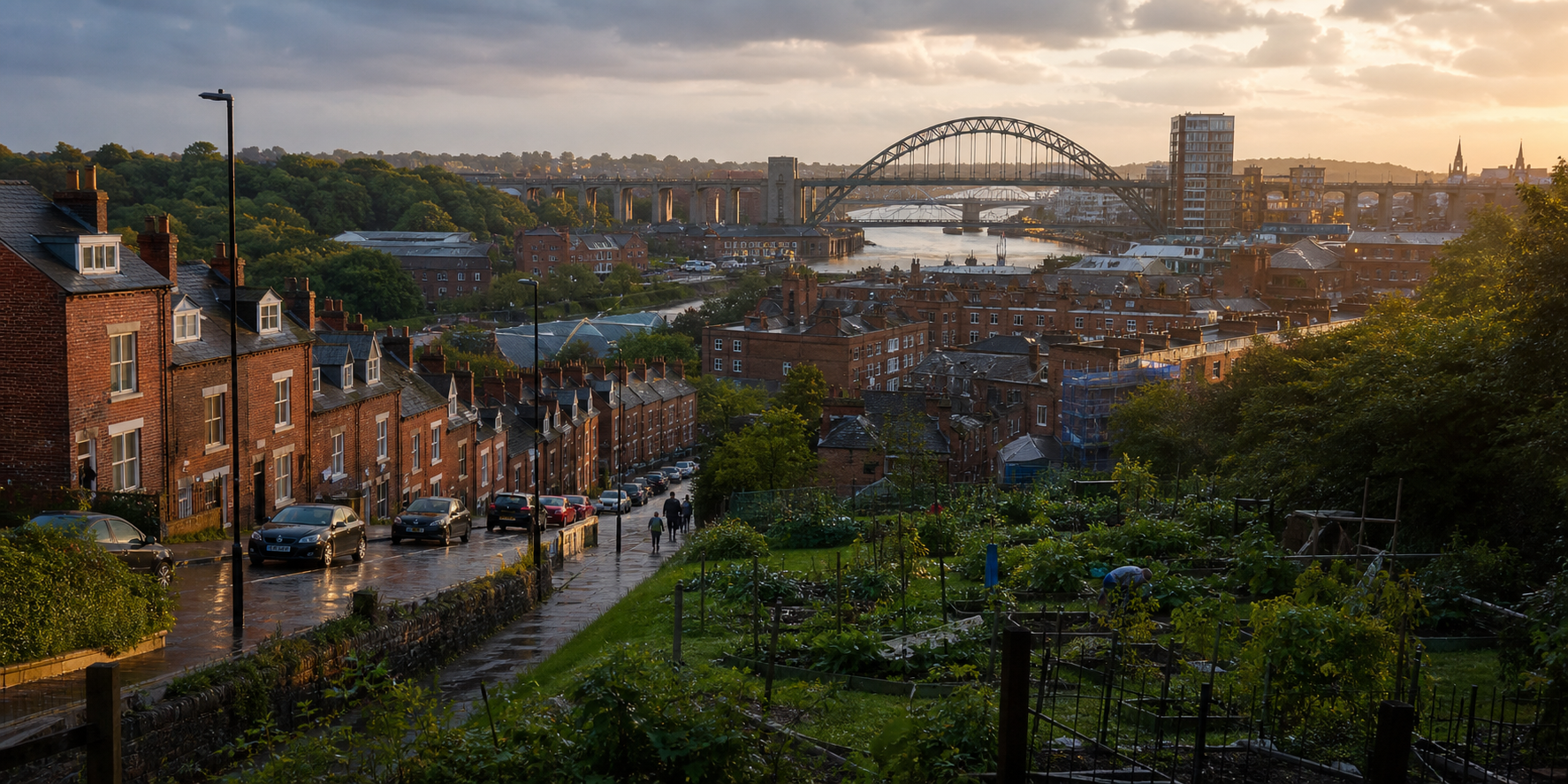 A North East England riverside city landscape