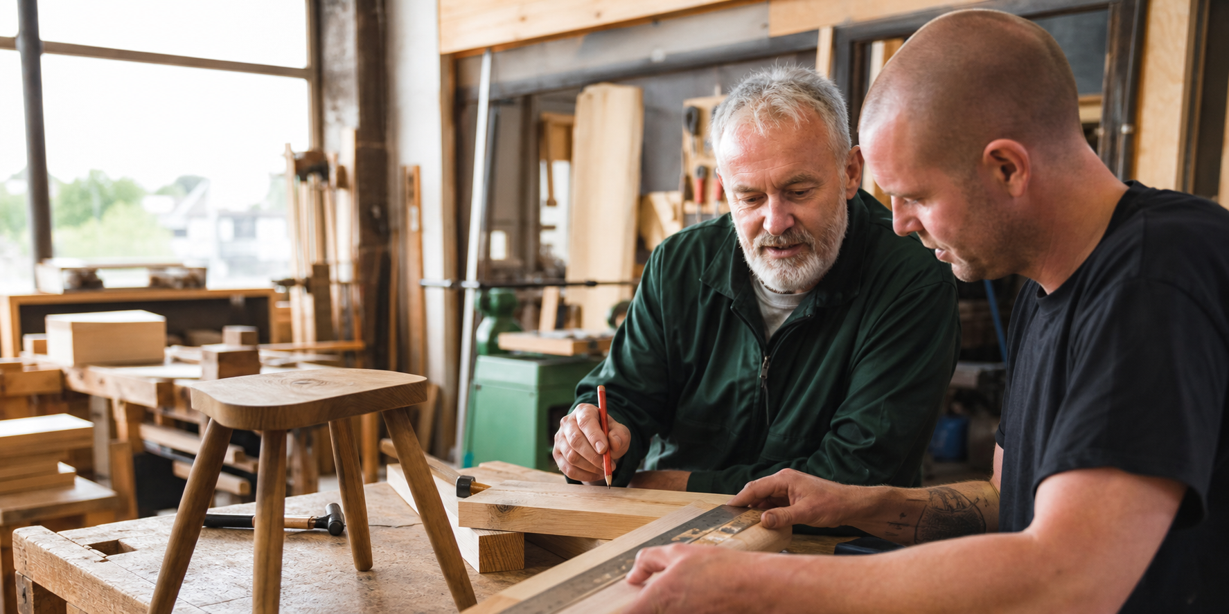 Two adults working together in a furniture workshop