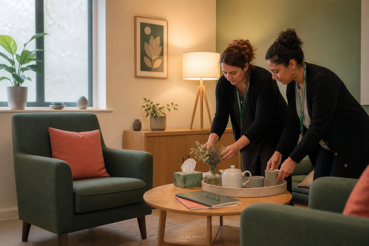 Support workers preparing a calm private room
