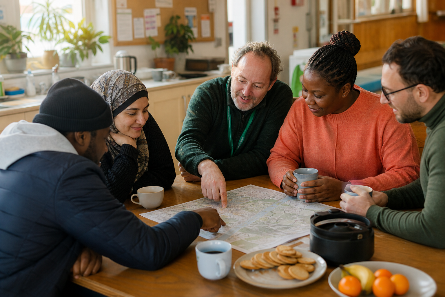 Adults gathered around a table in a community kitchen
