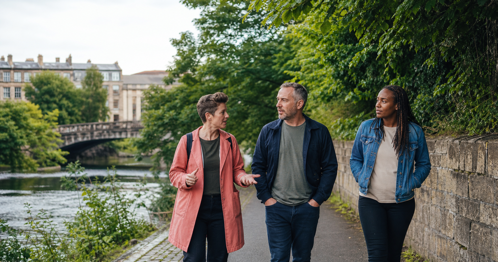 Three adults walking and talking beside a river